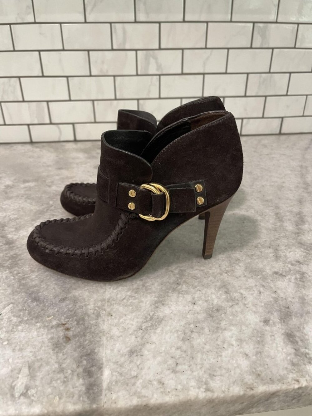 Tory Burch Belen Booties Womens 7.5 Brown Suede Ankle Stiletto Heels Booties - Picture 3 of 13